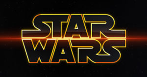 Star Wars logo - gold on black, fancier font, red line through