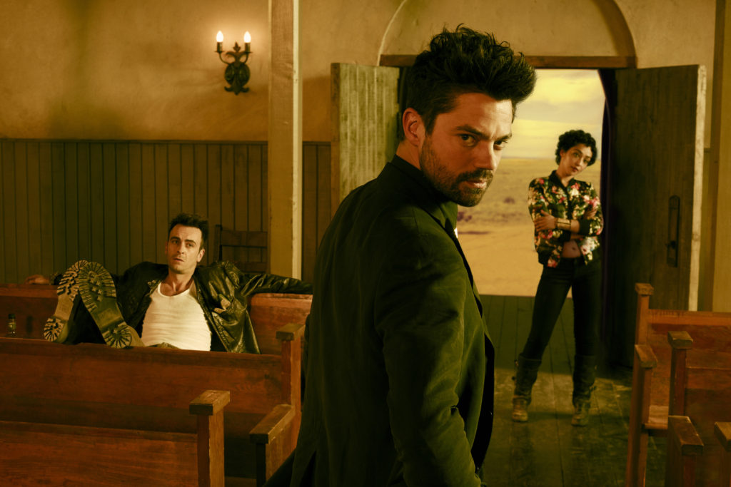 Joseph Gilgun as Cassidy, Dominic Cooper as Jesse Custer, Ruth Negga as Tulip O'Hare; group - Preacher _ Season 1, Gallery - Photo Credit: Matthias Clamer/AMC