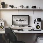 Creative Ways To Personalize Your Gaming Desk A white gaming desk setup, including a monitor, keyboard, controllers, speakers, and shelves with a plant at the side.