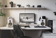 Creative Ways To Personalize Your Gaming Desk A white gaming desk setup, including a monitor, keyboard, controllers, speakers, and shelves with a plant at the side.