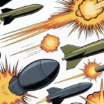 Sgt. Rock and the Golden Age of War Comics A comic-style scene contains missiles, bombs, and colorful explosions during an intense aerial battle.