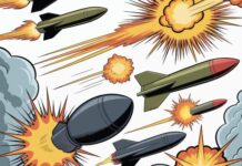 Sgt. Rock and the Golden Age of War Comics A comic-style scene contains missiles, bombs, and colorful explosions during an intense aerial battle.