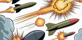 Sgt. Rock and the Golden Age of War Comics A comic-style scene contains missiles, bombs, and colorful explosions during an intense aerial battle.