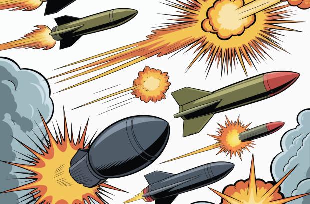 armyjeepparts-402048-comic-aerial-battle-image1 A comic-style scene contains missiles, bombs, and colorful explosions during an intense aerial battle.