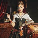 The Rise of Steampunk in Comics and Pop Culture A young woman wearing steampunk clothing stands in a steampunk-decorated room filled with vintage gears and decor.