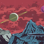 Lowriders in Space: A Comic That Celebrates Culture A retro sci-fi scene contains red sky, stars, planets, and rugged blue-gray mountains featuring craters and sharp peaks.