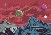 Lowriders in Space: A Comic That Celebrates Culture A retro sci-fi scene contains red sky, stars, planets, and rugged blue-gray mountains featuring craters and sharp peaks.